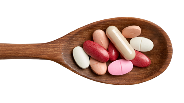 Assortment of colorful vitamin pills and supplements resting on a rustic wooden spoon against a dark background