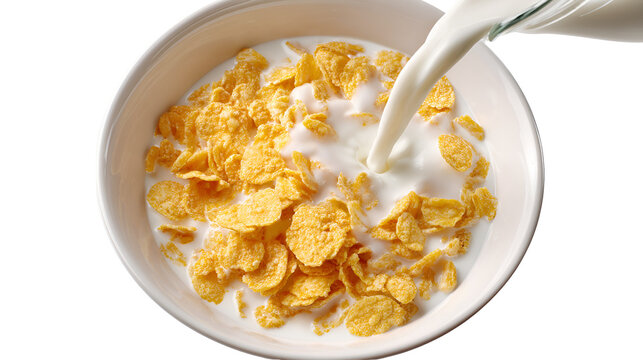 Pouring fresh white milk into a bowl of golden corn flakes cereal for a healthy breakfast
