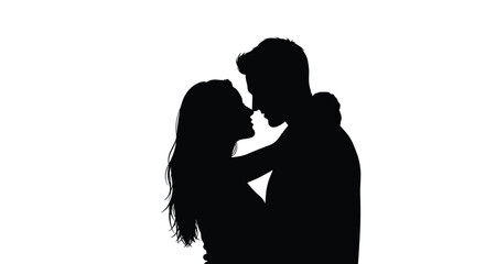 Silhouette of a couple embracing and looking at each other affectionately with their foreheads touching.
