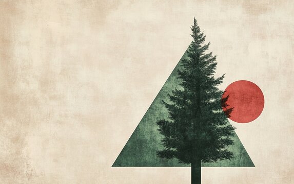 The minimalist graphic design features an abstract composition, with vibrant green geometric tree shapes and bold red circles juxtaposed asymmetrically, elegantly arranged against a beige background.