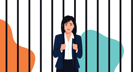 Sad businesswoman crying behind bars in a jail cell with abstract shapes on the sides.