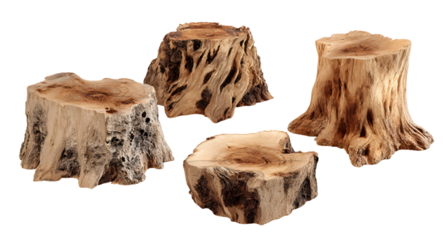Four rustic weathered tree stumps with textured bark arranged against a dark background