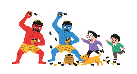 Oni demons and children playing Setsubun with beans for good luck.