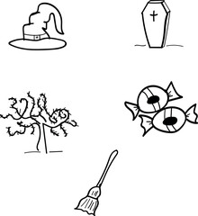 Hand-Drawn Witch Hat, Coffin, Tree, Eyeball Candies, and Broom Graphics