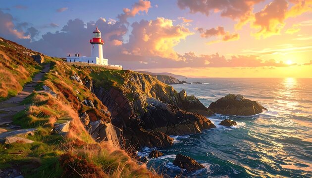 Stunning coastal lighthouse scenery with sunset over the ocean