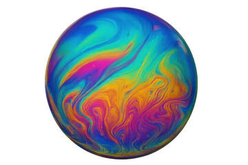 Iridescent soap bubble creating a vibrant swirl of rainbow colors, highlighting fluid dynamics on a transparent background