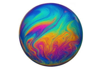 Iridescent soap bubble creating a vibrant swirl of rainbow colors, highlighting fluid dynamics on a transparent background