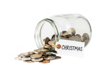 A glass jar tipped over with coins spilling out and a tag that says christmas, isolated on transparent background