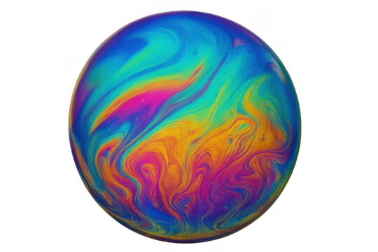 Iridescent soap bubble creating a vibrant swirl of rainbow colors, highlighting fluid dynamics on a transparent background