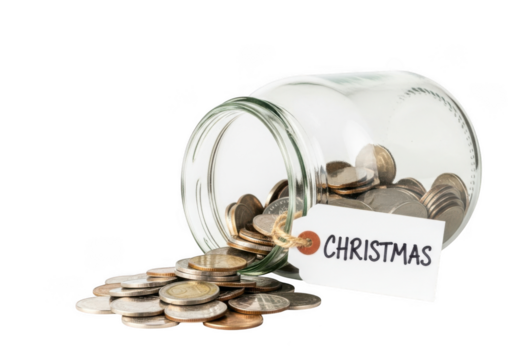 A glass jar tipped over with coins spilling out and a tag that says christmas, isolated on transparent background