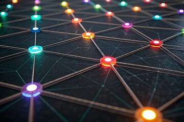 Colorful glowing points connected by digital lines. Abstract visualization of communication network, AI system, and data connectivity technology.