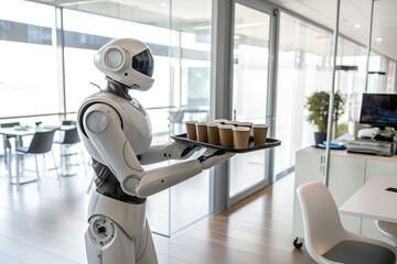 Humanoid service robot carrying coffee cups in bright office environment. Concept of AI, automation, robotics, and futuristic workplace solutions.