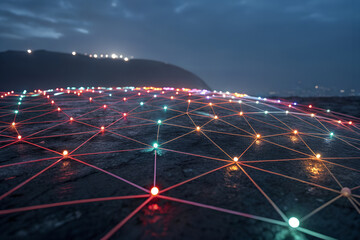 Abstract glowing network of digital connections across dark landscape. Concept of global data exchange, communication, IoT, and internet connectivity.