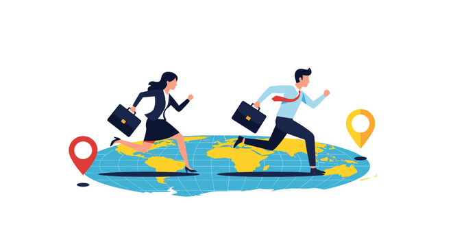 Business people running across the world map with location pins marking destinations for business travel.