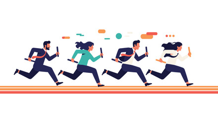 Business professionals in a relay race passing batons on a track, symbolizing teamwork and competition.