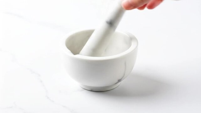 A white mortar and pestle is being used on a white surface with a hand holding the pestle