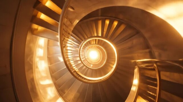 Birdseye view of a spiraling staircase, bathed in warm light, leading to a bright, illuminated center