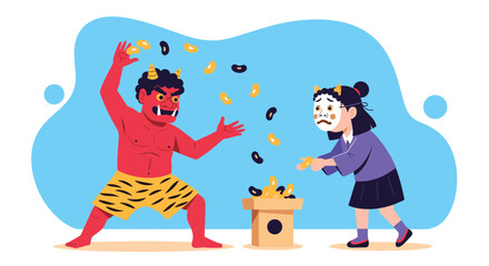 Illustration of Setsubun festival tradition where people throw beans at a demon to drive away evil spirits.