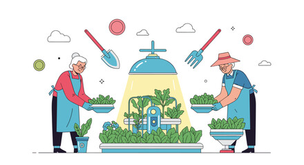 Elderly couple tending to their futuristic indoor garden with hydroponic systems.