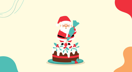 Cartoon Santa Claus decorating a Christmas cake with a piping bag full of icing.