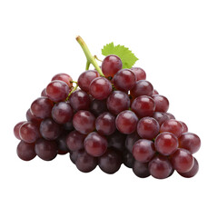 Fototapeta premium A Cluster Of Fresh Dark Red Seedless Grapes With A Single Green Leaf And Stem Isolated On A Transparent Background
