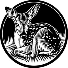 A detailed pen and ink illustration of a young deer, set against a stark, black background. The deer is depicted in a resting pose, its body curled up, and its head turned towards the viewer in a thre