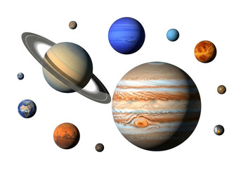 A collection of planets in our solar system, including saturn with its rings and jupiter, isolated on transparent background