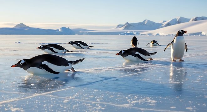 A group of Gentoo penguins waddling and tobogganing across a vast, shimmering blue sheet of ice in Antarctica, set against snow-capped mountains.