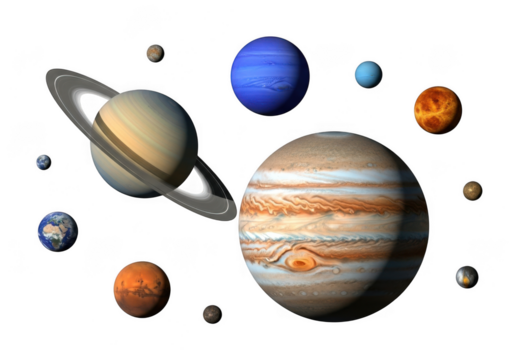 A collection of planets in our solar system, including saturn with its rings and jupiter, isolated on transparent background
