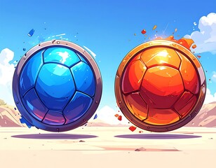Two colorful, spherical shields, one blue and one orange, float against a desert backdrop under a clear blue sky