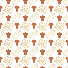 Fototapeta premium Soft beige vegetable pattern. Seamless pattern with hand-drawn vegetables including cauliflower, broccoli, and bok choy in soft beige and brown tones on a white background.