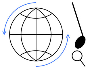 Globe with blue arrows symbolizing global movement, paired with abstract tools suggesting innovation, analysis, or technology. Ideal for themes thumbs up global network, communication, collaboration