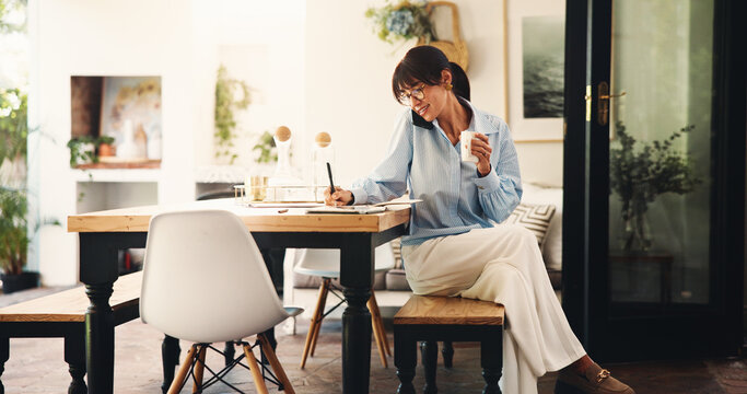 Remote work, phone call and woman with writing for notes, networking and news source schedule. Freelancer, journalist and planning in home for article questions, information and communication - Powered by Adobe