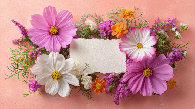 Beautiful bright floral frame of pink cosmos flower with blank white paper card for message. Gentle and romantic floral arrangement on pink - Powered by Adobe