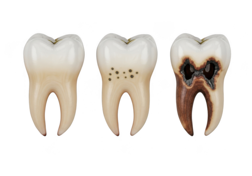 Three human teeth showing progression of decay from healthy to severely rotten, isolated on transparent background