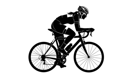 Dynamic silhouette of determined woman cyclist training for competition, showcasing strength and endurance on a sleek racing bicycle against clean white backdrop