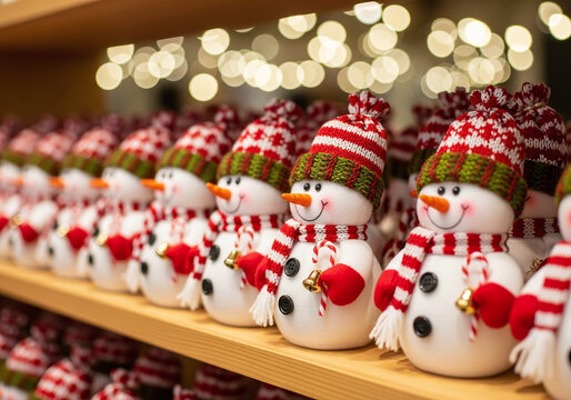 Row of cute snowman decorations with red and white striped hats and scarves on a shelf