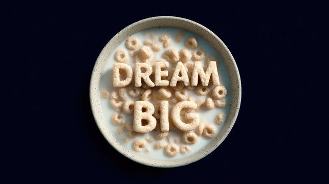 Inspirational dream big message with cereal letter in milk bowl. motivational food concept for breakfast on simple navy background