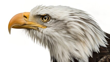 Obraz premium up, profile shot of a majestic bald eagle's head, set against a pristine white background. The eagle's distinctive features are sharply in focus: its striking white hea