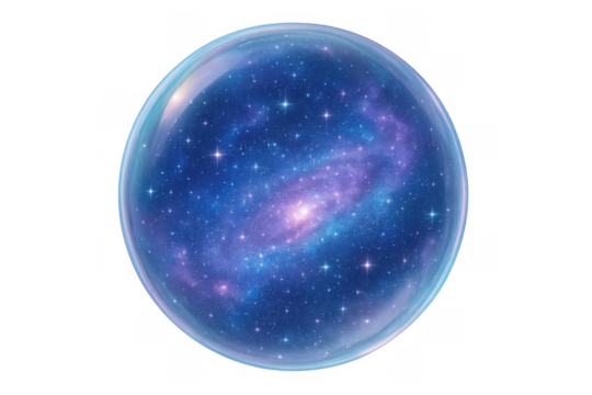 Galaxy universe sphere showing stars and cosmic nebula, transparent background, containing a spiral galaxy vision