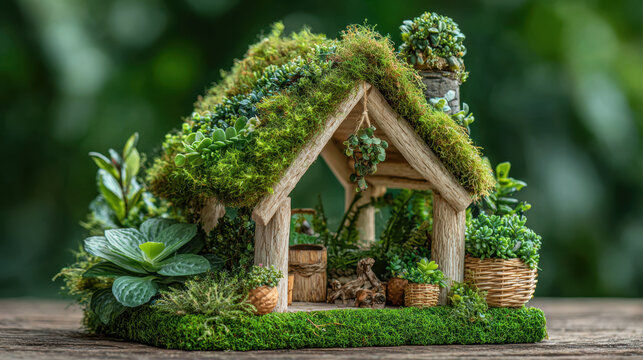 Charming green eco house concept from nature. This sustainable miniature home made of wood and moss represents peaceful, dream lifestyle