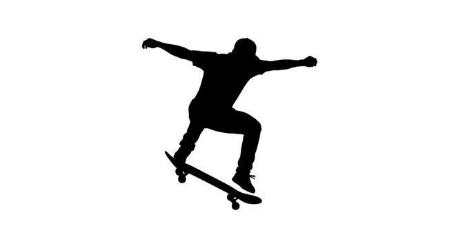 Dynamic silhouette of skateboarder mid-air performing impressive trick against stark white backdrop, perfect for extreme sports branding and youth culture marketing