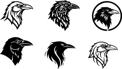 Obraz premium Dynamic collection of stylized raven head vector illustrations, featuring a variety of black and white designs suitable for mascots, emblems, logos, or striking graphic art