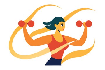 Woman exercising with dumbbells and abstract swirls