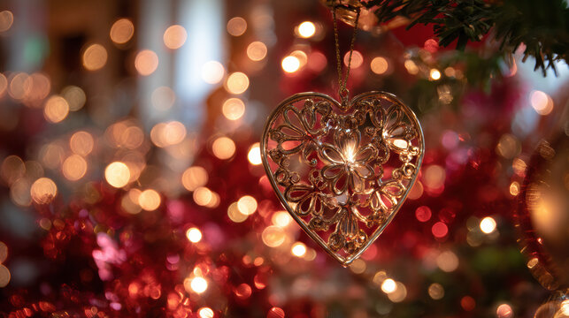 Warm, magical golden heart decoration hanging on Christmas tree. festive background features beautiful red and yellow bokeh light for holiday