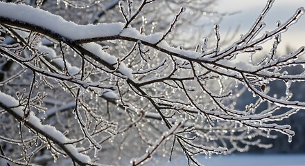 Close-up of bare tree branches heavily coated in glistening ice and snow on a cold winter day, creating a beautiful frozen, icy texture.