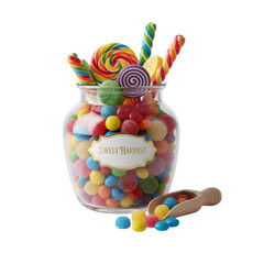 A Glass Jar Filled With Colorful Assorted Candies and Lollipops With A Small Wooden Scoop Beside It On A Transparent Background