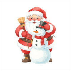 Watercolor Santa building snowman, joyful winter Christmas vector illustration on white background
