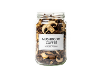 Trendy jar of mushroom coffee product for healthy lifestyle advertising
