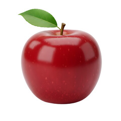 A Glossy Red Apple with a Single Green Leaf and Stem Rests on a Transparent Background